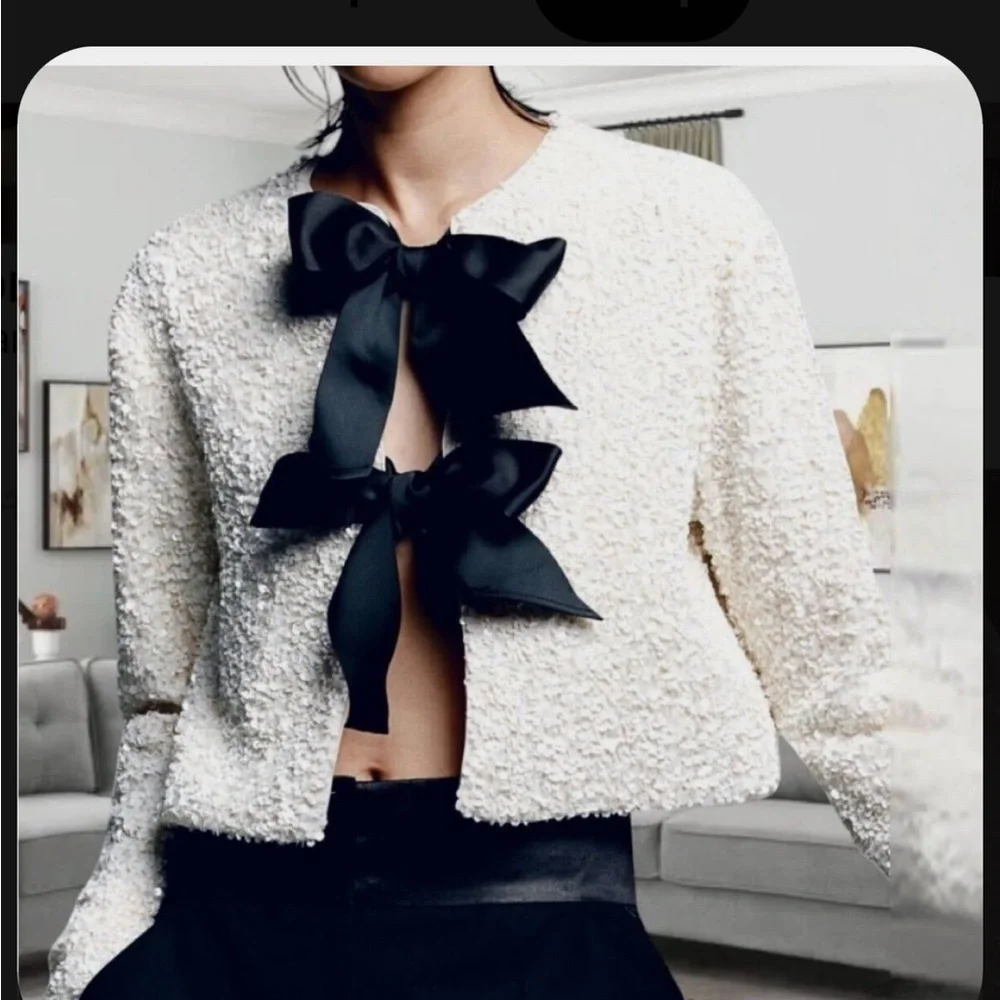 H&M viral bloggers fav white sequin black bow ribbon tie front cardigan / blouse - Picture 8 of 13